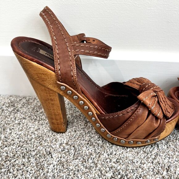 Miu Miu Bow Wood Heels Sandals Platform Shoes Studs 37 - Picture 8 of 14